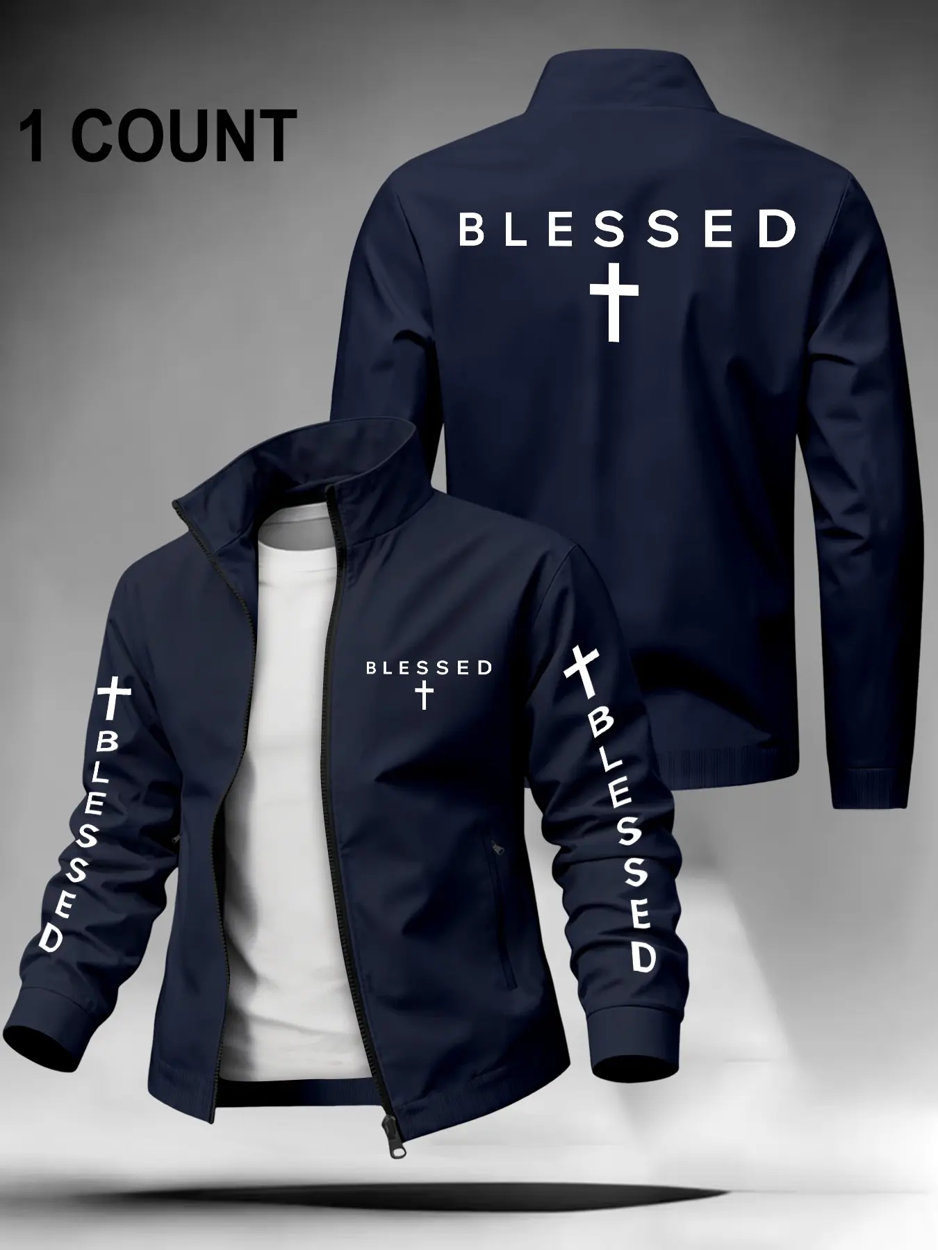 Men's Cross Print Stand Collar Zipper Long Sleeve Jacket, Casual Streetwear, Christian Inspirational Fashion, All Seasons Outerwear
