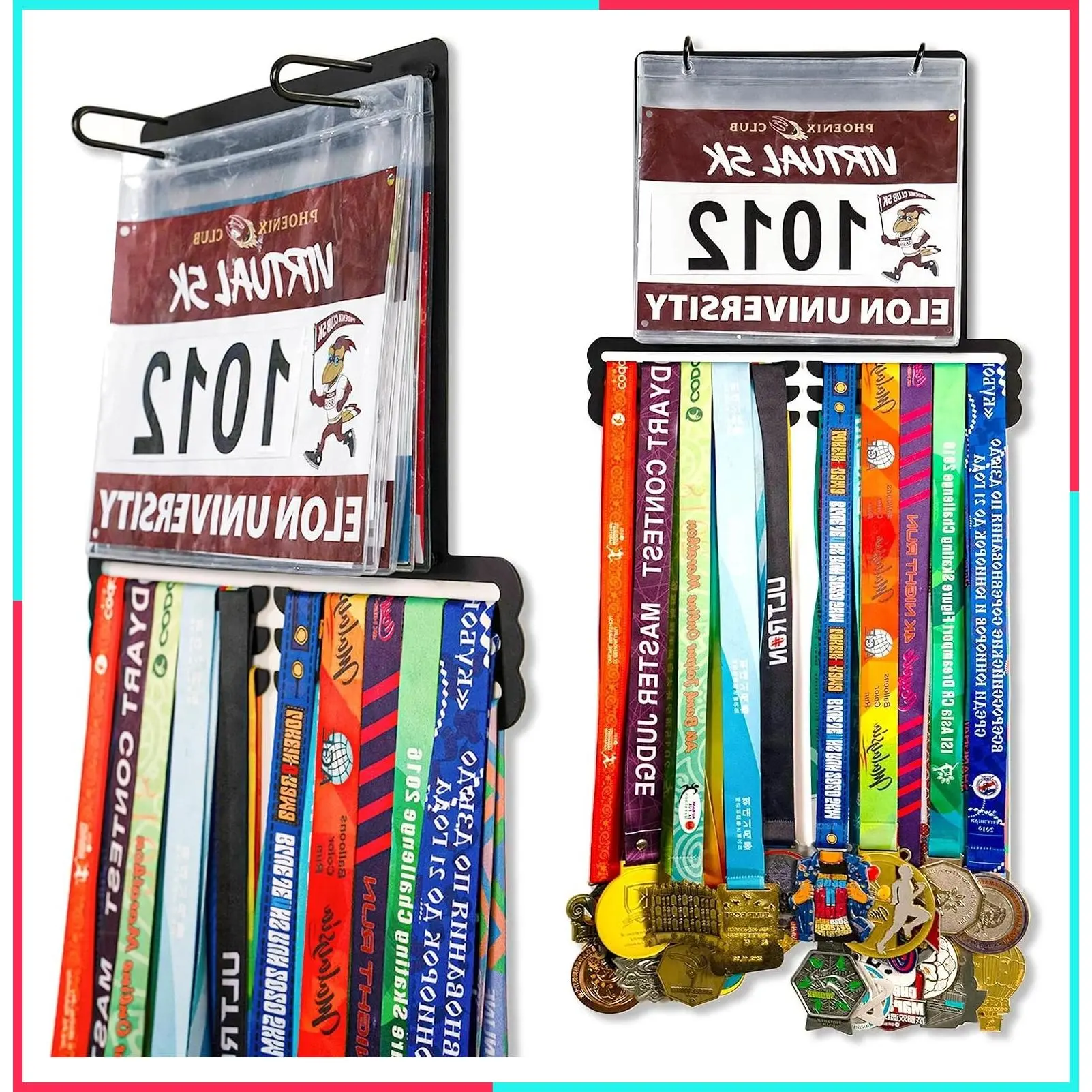 Medal Hanger Display for Runners - Race Bib Holder & Medal Display Rack - 3 Rows Sturdy Black Steel Metal - Holds 30+ Medals and 50 Race Bibs