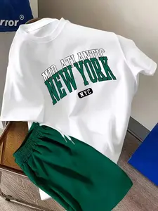Fashion Men's Round Neck T-Shirt Set, New York Letter Print Shorts Two-Piece Set, Trendy Casual, All Seasons Wear