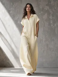 Women's Lapel Half-Button Loose Wide-Leg Romper, Side Pocket Lazy Style Vacation Casual Jumpsuit, Comfortable and Stylish