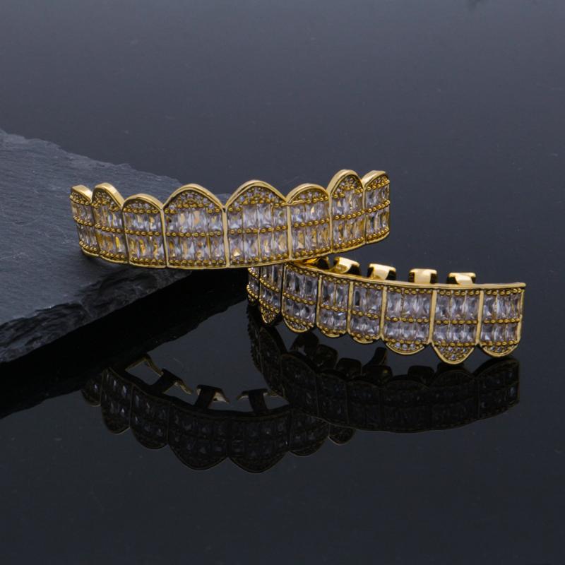 2pcs/SET Baguette Set 8 teeth Grillz for Mouth Top Bottom Hip Hop Teeth Grills - Cap