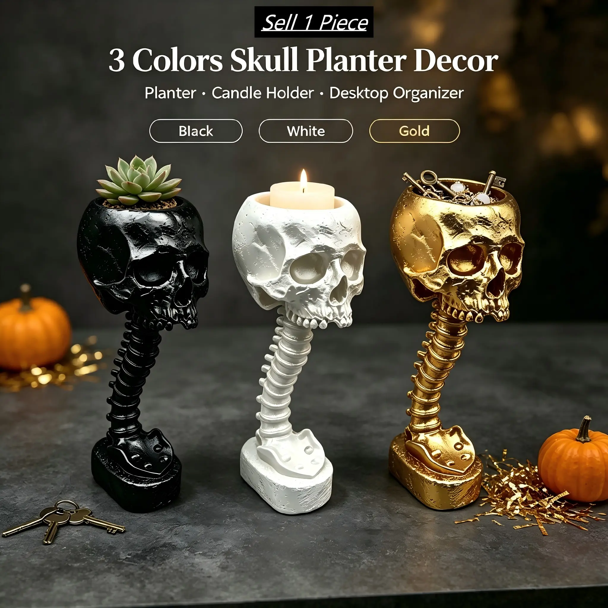 Gothic Three-Color Skull Resin Ornament, Multi-Functional Succulent Planter, Candle Holder, Tea Light Candle Holders, Desktop Organizer, Halloween Party Decor