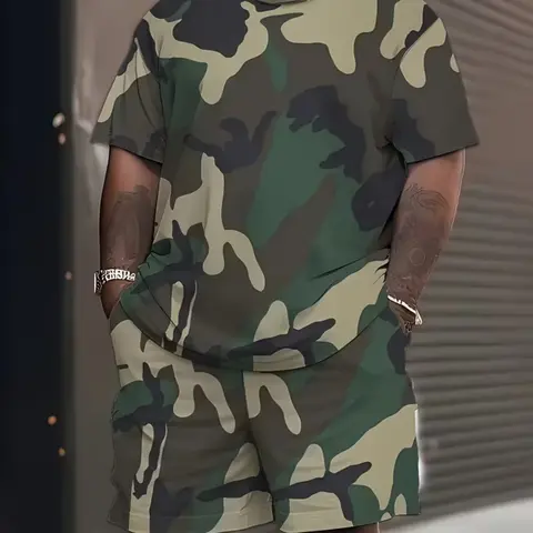 Men's Casual Summer Camo Camouflage Short Sleeve T-Shirt Shorts Set, Comfortable Streetwear, Loose-Fitting, Modern Style, All Seasons, Relaxed Lounge Set, Menswear