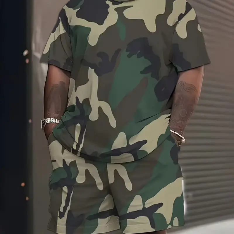 Men's Casual Summer Camo Camouflage Short Sleeve T-Shirt Shorts Set, Comfortable Streetwear, Loose-Fitting, Modern Style, All Seasons, Relaxed Lounge Set, Menswear