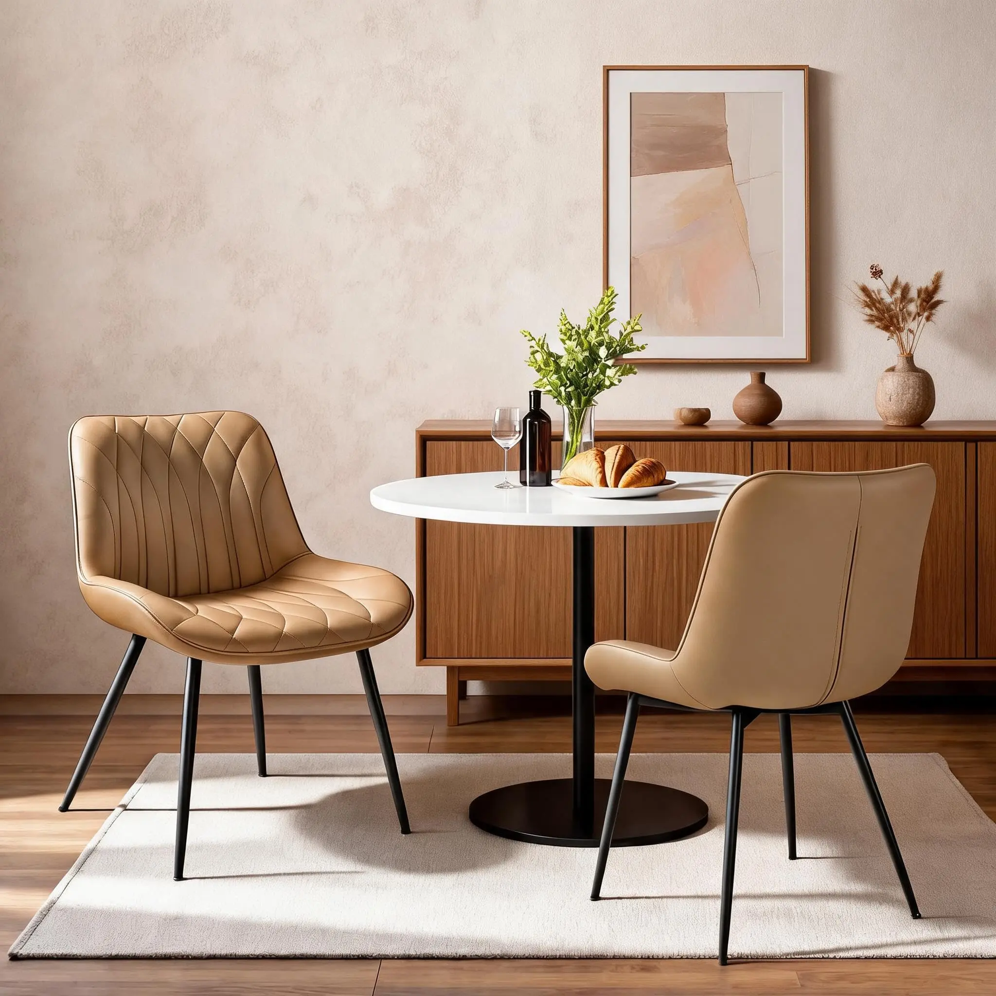 Modern Dining Chairs Set of 2 – Mid-Century Accent Armless Side Chairs with Metal Legs, Faux Leather Upholstered Cushion Seat for Dining Room & Living Room