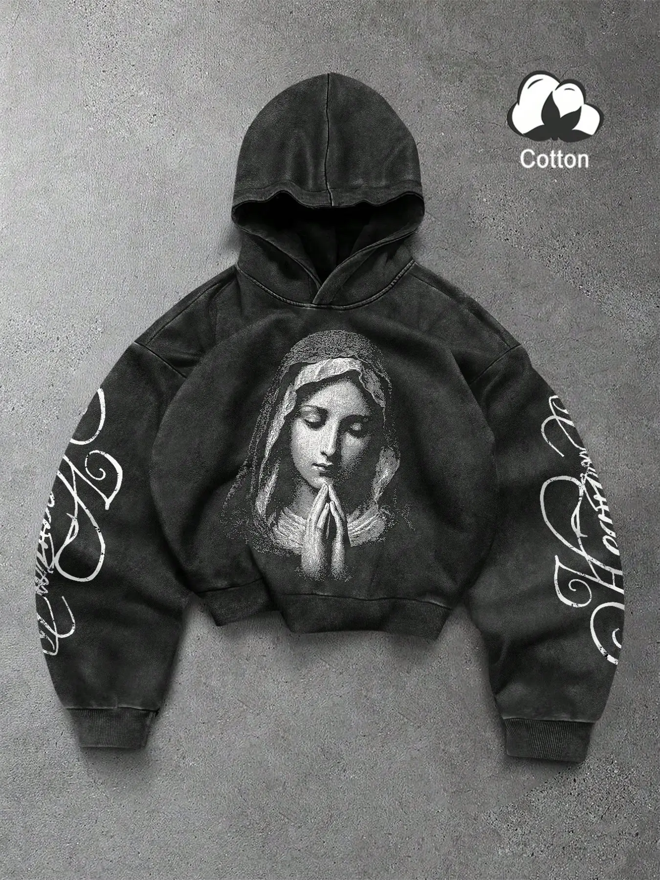 Opium Acid Wash Black Cropped Hoodie Casual Streetwear Virgin Mary Graphic Pullover Wrinkle Resistant Draped Drop Shoulder Fitted Graphic Sweatshirt for Music Festival Rave Street Photography Tops