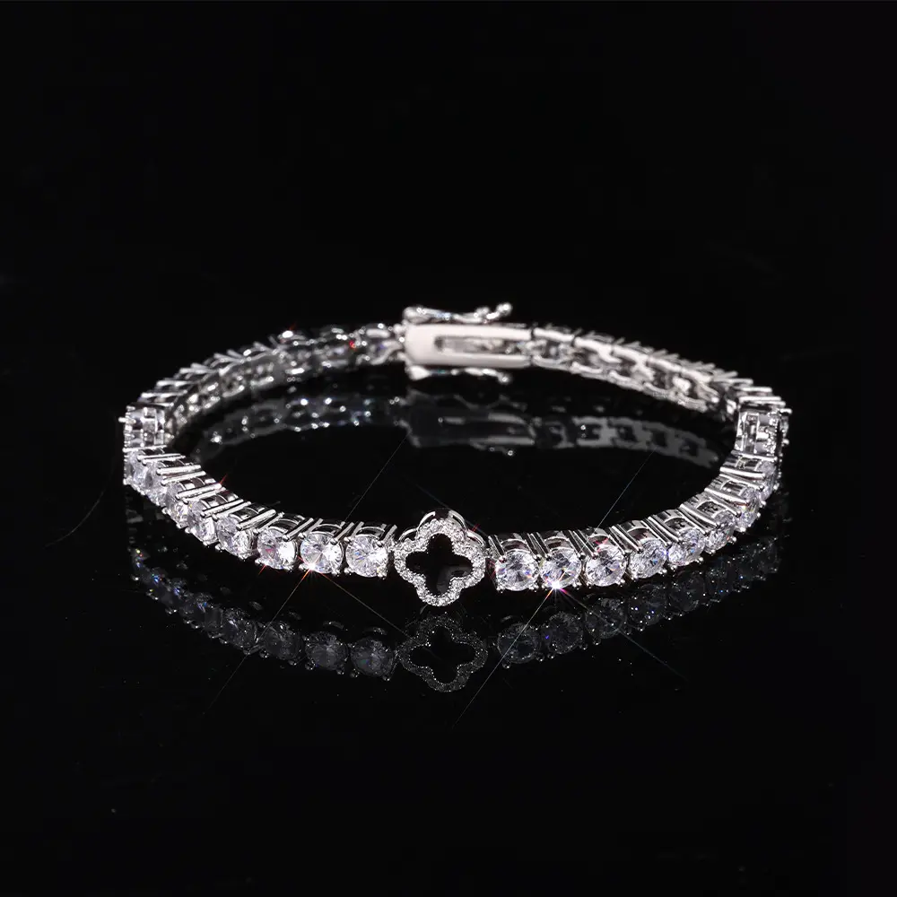 4mm Iced Out Four Leaf Clover Tennis Bracelet, 14K Gold Plated 5A Cubic Zirconia – Religious Hip Hop Jewelry, Christian Gift for Birthday, Anniversary, Christmas, Valentine's Day, Easter fashion jewelry