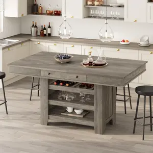 60" Counter Height Dining Table with 2 Drawers, 4-Tier Wooden Kitchen Island Table, Modern Coffee Bar Table for Kitchen, Bar & Entertaining