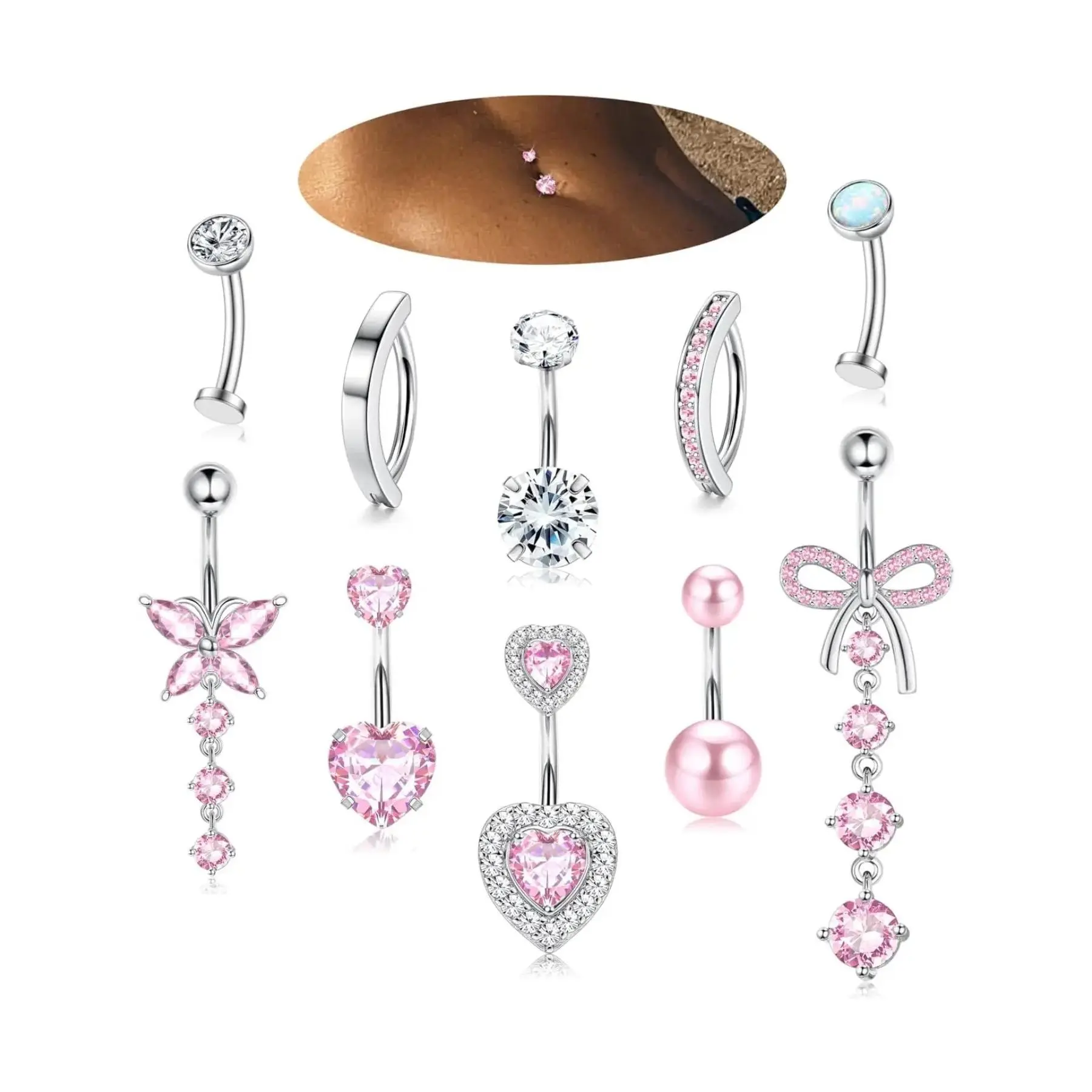 10 Pcs Belly Button Rings Set, Rhinestone Belly Ring, Dangle Surgical Stainless Steel, 14g Cz Heart Opal Clicker, Floating Navel Piercing Jewelry, Vintage Body Jewelry, Body Piercings Set, High Quality Jewelry
