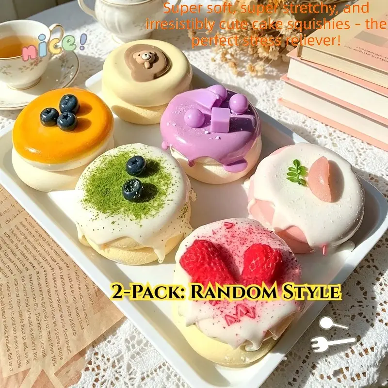 Healing realistic dessert cake squishy 2-pack, lifelike souffle with slow rebound texture. Squeeze to release stress and relax hands, delicate look for thoughtful birthday gifts for kids and adults.