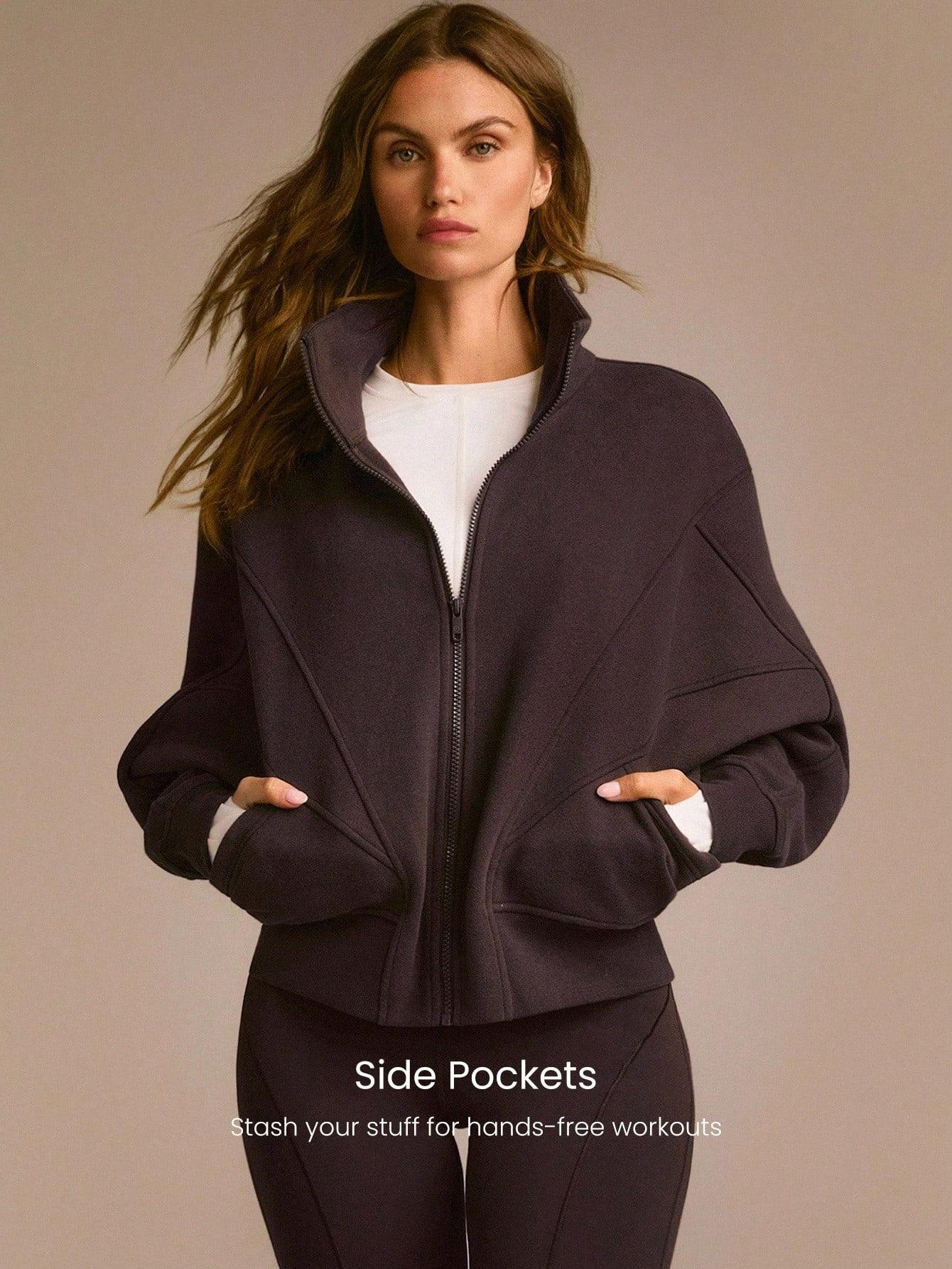 GLOWMODE Everyday Fleece WarmthSoft Warm Lightweight Front Back Seam Detailing Pockets Batwing Sleeve High Neckline Full-Zip Jacket