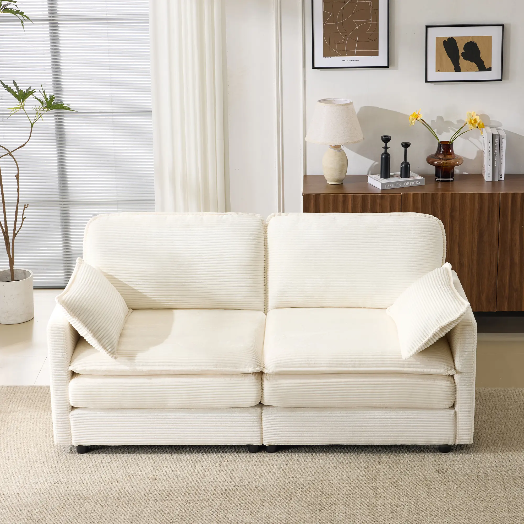 ARCH Modular Cloud Loveseat 2-Seater Sectional Sofa Beige Corduroy Cushion Back Wood Frame Medium-Soft Foam 69" Compact for Apartment Living Room Bedroom with 2 Throw Pillows, Beige Color Options, Corduroy Material, 2 Seat Seat Count