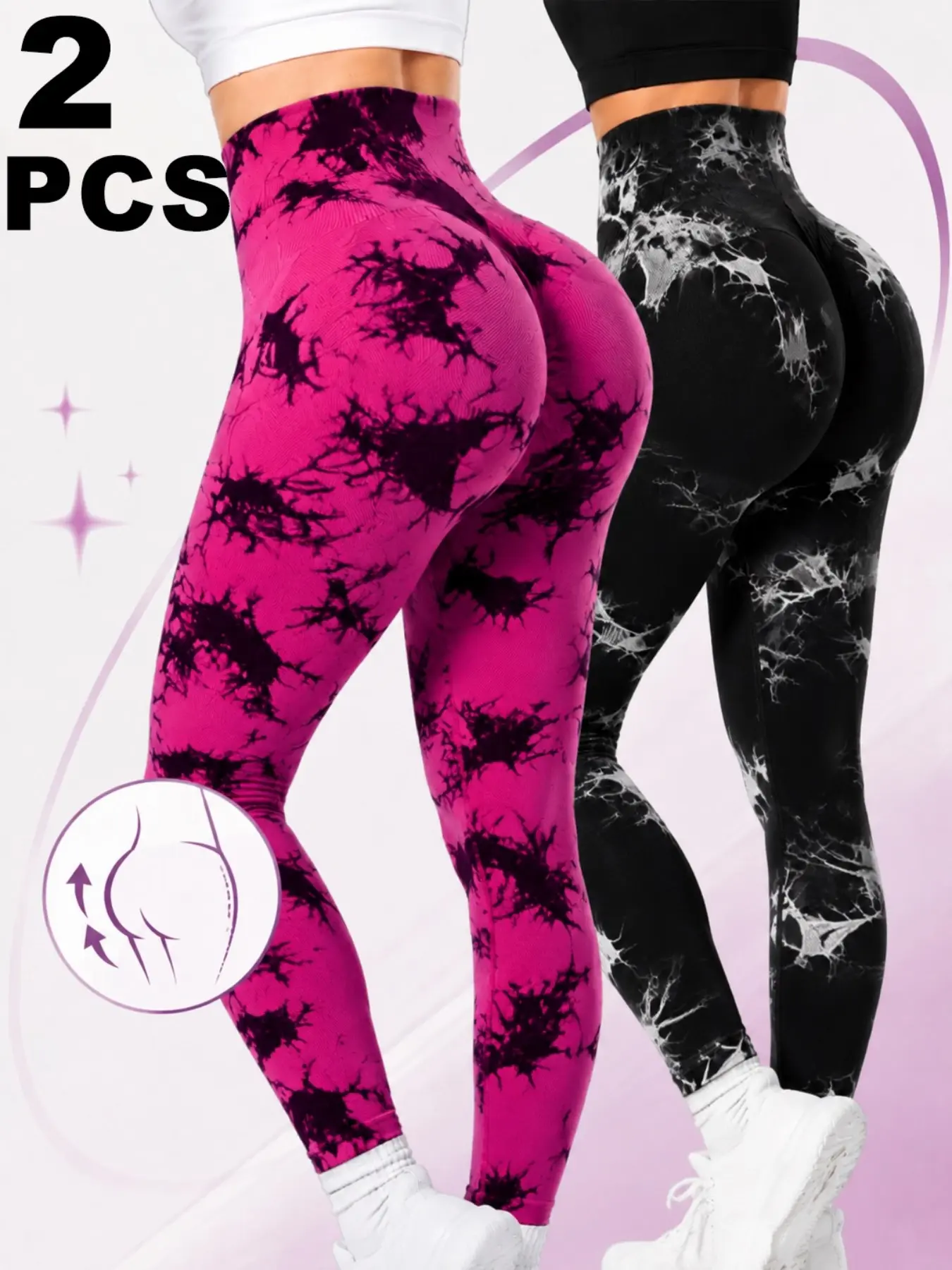 2 Pcs Tie Dye Leggings for Women, High Waisted Butt Lifting Yoga Pants, Tummy Control Workout Leggings with Scrunch Booty Lift Design, Seamless Stretchy Fitness Tights for Gym, Running, Pilates, Training