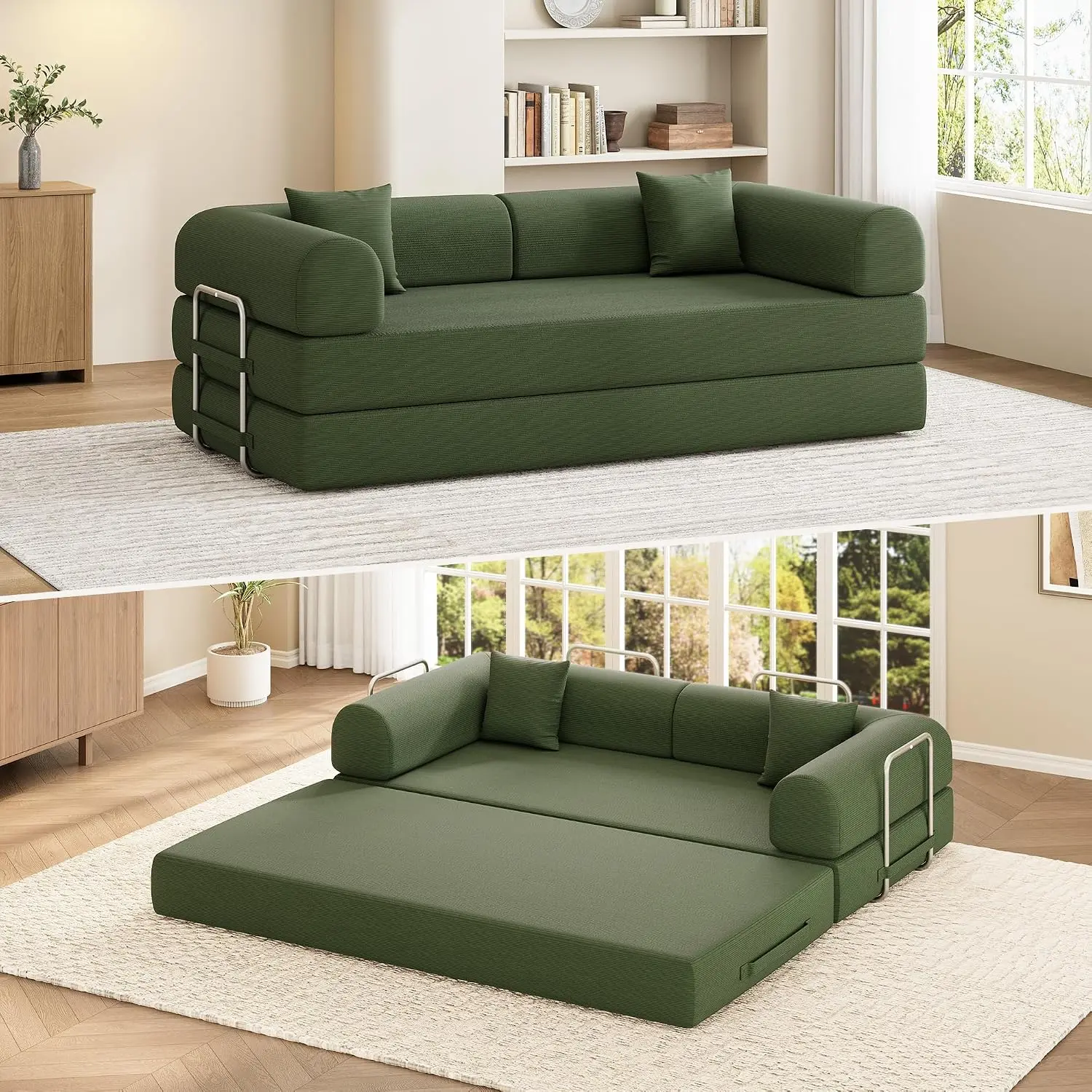 78.7" Convertible Sofa Bed,5-in-1 Corduroy Modular Couch,Green | Reinforced frame, removable armrests, 2 pillows, no assembly; ideal for living rooms, guest rooms, and compact spaces.