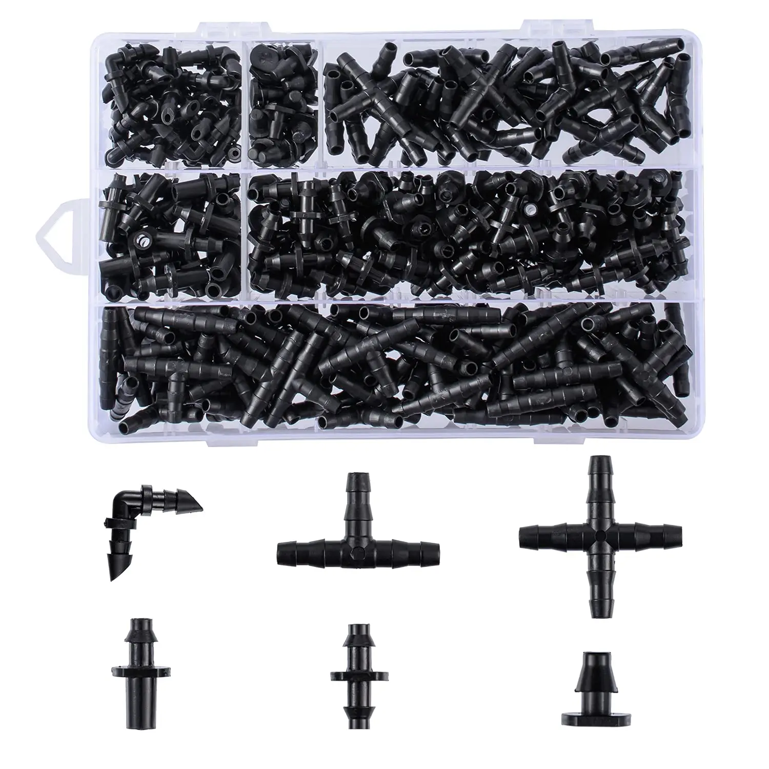 280 count Barbed Connectors Irrigation Fittings Kit,Drip Irrigation Barbed Connectors 1/4''Tubing Fittings Kit for Flower Pot Garden Lawn(Straight Barbs,Single Barbs,Tees,Elbows,End Plug,4-Way Coupling)