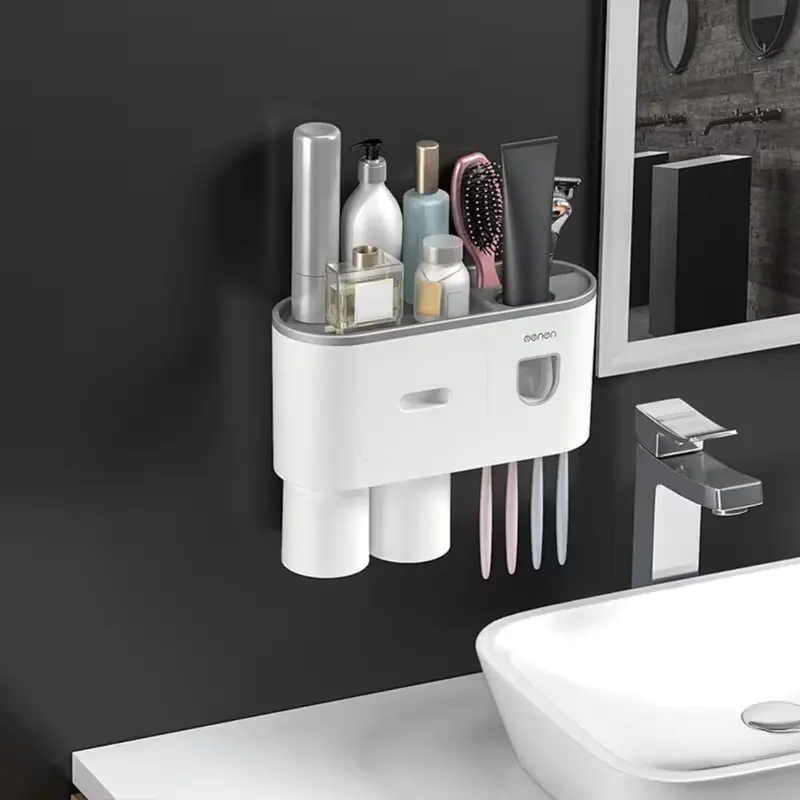 No-Drill Wall Mounted Toothbrush Holder, Bathroom Shelf with Auto Toothpaste Dispenser, 6 Hooks, 2 Cups, Cosmetics Organizer