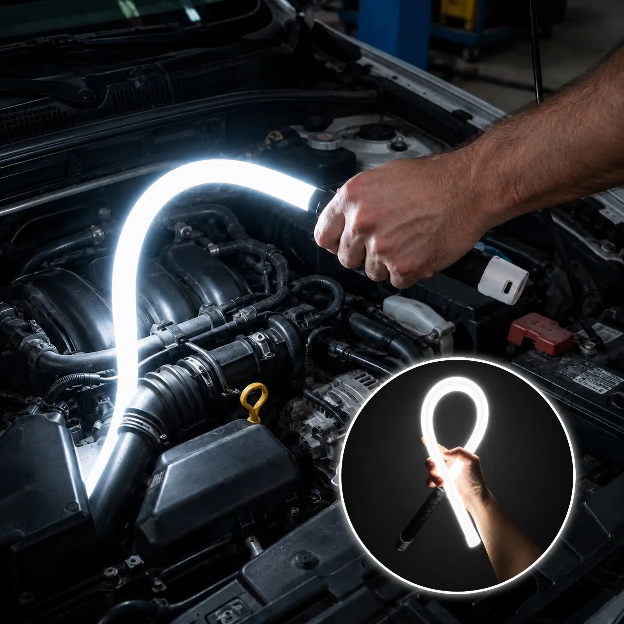 Flexible LED Work Light 800LM Rechargeable Bendable Inspection Lamp 6000K Cool White 1800mAh Battery Type C Charging 3 Modes IP67 Waterproof Mechanic Automotive Engine Bay Under Dash Garage Repair Roadside Emergency Camping 59cm Tube with USB C Cable