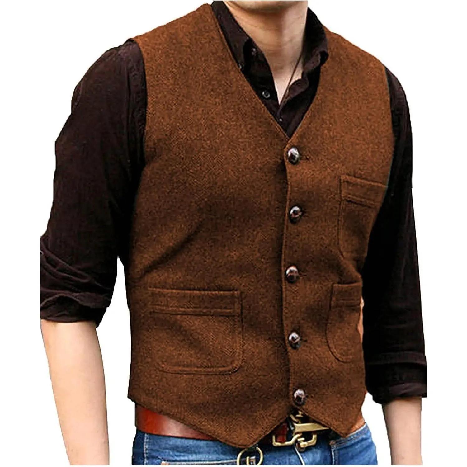 Mens Vintage Tweed Suit Vest V Neck Casual Wool Waistcoat for Wedding Groomsmen