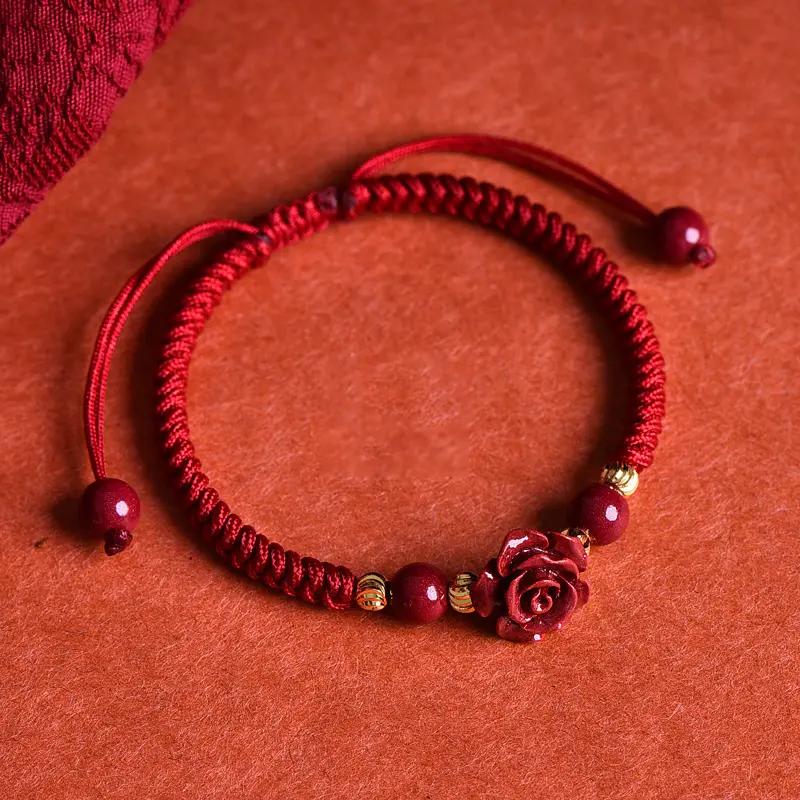 Cinnabar Rose Red String Bracelet with 18K Gold Accents for Love Prosperity and Protection Elegant Design Perfect for Any Occasion