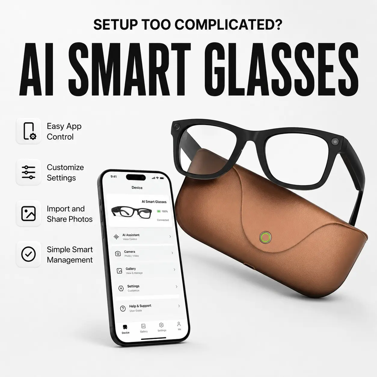 Stable 1080P Video AI Smart Glasses Wearable Travel & Outdoor Tech, Portable Charging Case, Real‑Time Translation, Voice Control, Bluetooth Calling, 2026 AI Smart Camera Glasses, 8MP HD Lens, 1080P Stabilized Video