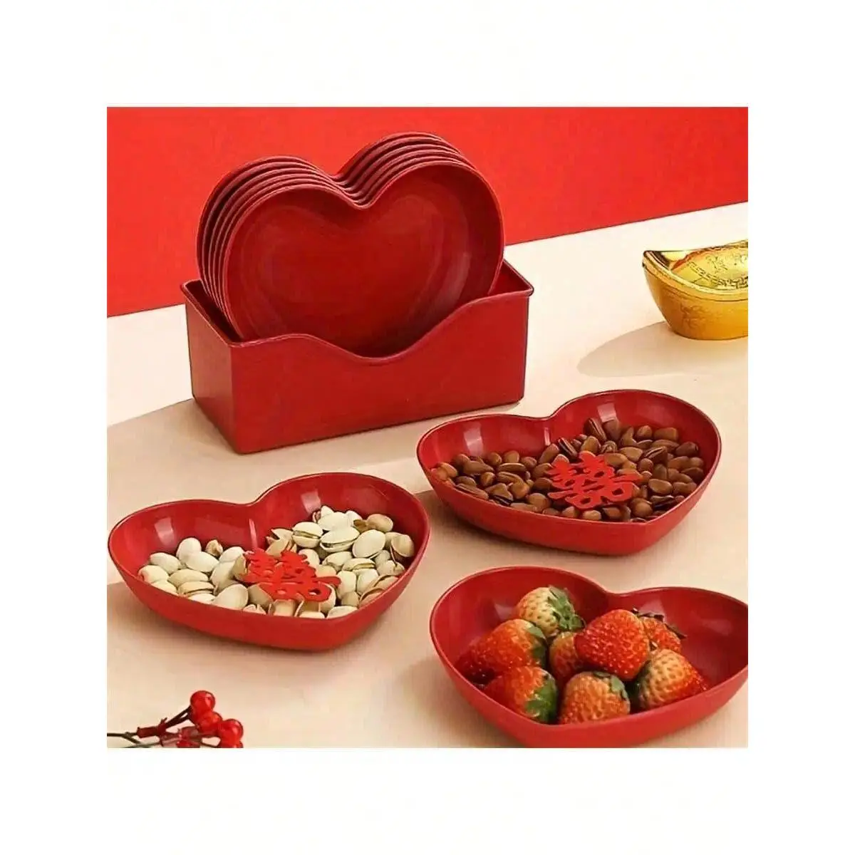 1/5/10/20pcs Plastic Heart Shaped Dinner Plate Set - Red And Pink Heart Themed Fruit Snacks Plate,Suitable For All Parties