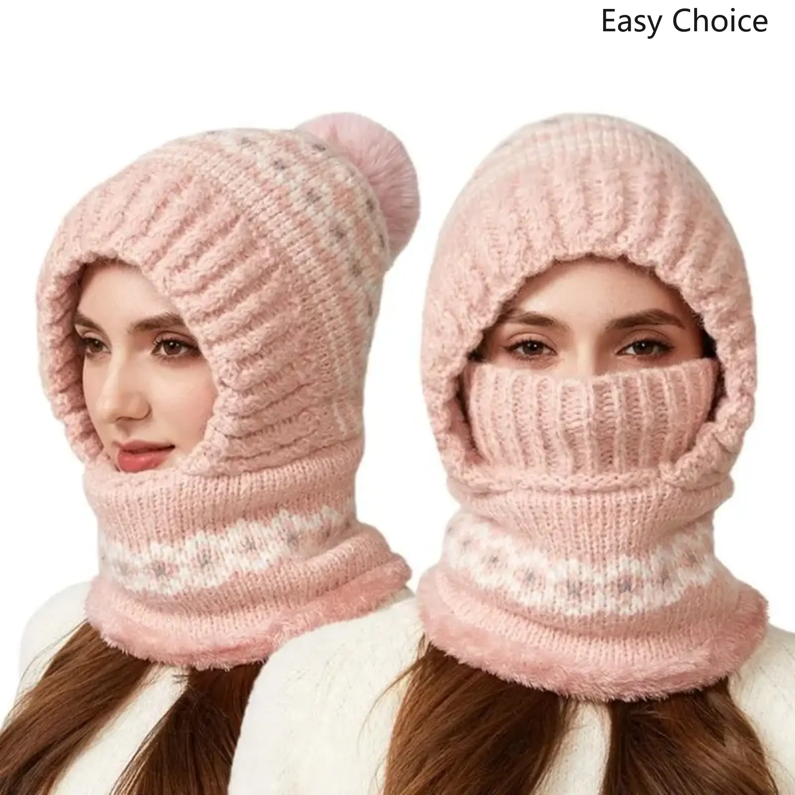Women 2‑in‑1 Fleece‑Lined Hooded Scarf Hat, Soft Fluffy Pink Thermal Knit Beanie with Neck Cover, Warm Insulated Ski Balaclava, Cozy Head‑Neck Wear for Cold‑Weather Outdoor and Daily Outfit Styling