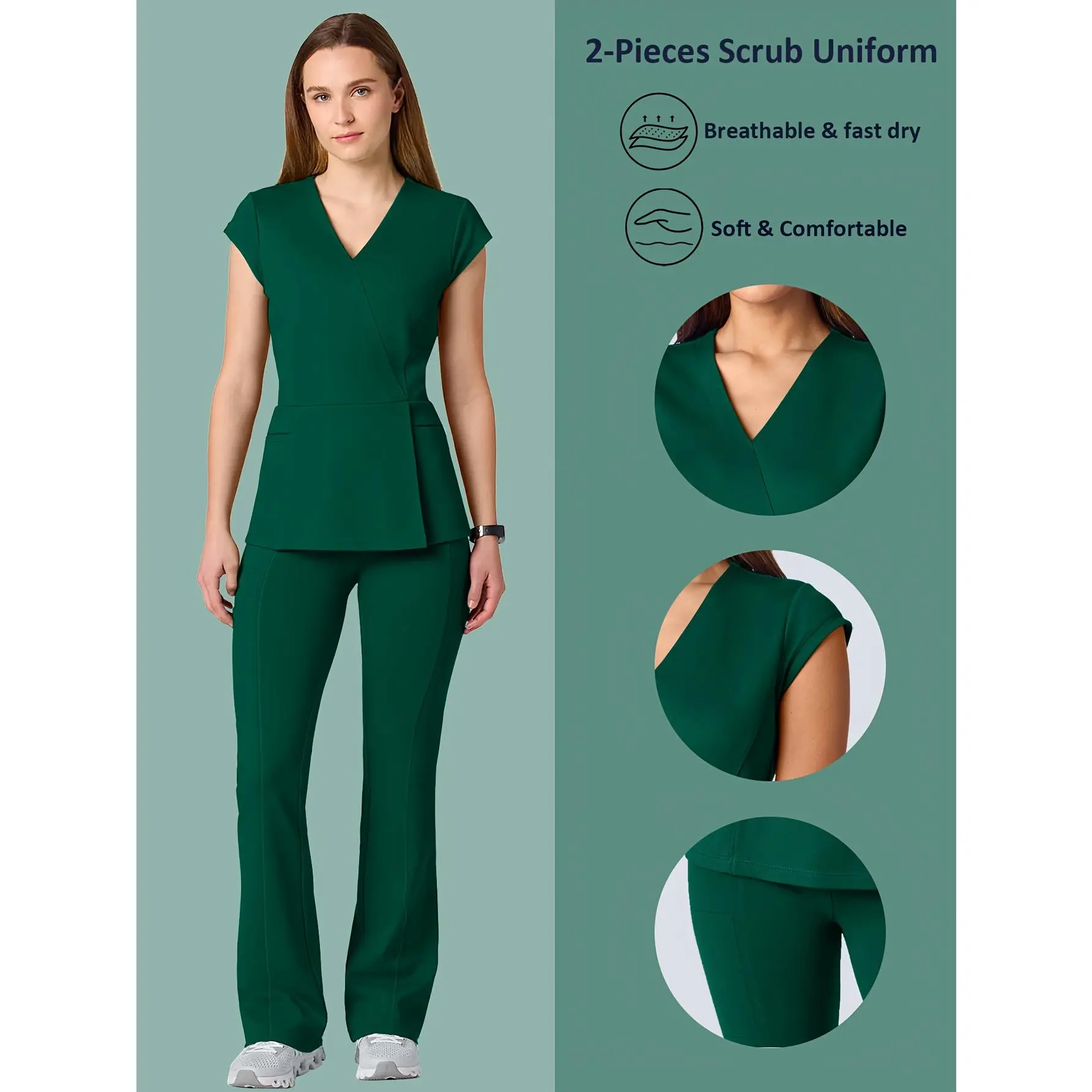 Soft Scrub Set Breathable Women's Elastic Jogging Nurse Uniform, V-Neck Top with Adjustable Waistband Pants, 2pcs Pockets Shirt Bottom Suit for Doctors Healthcare Workers Nurses Accessories Workwear, Comfortable Outfit