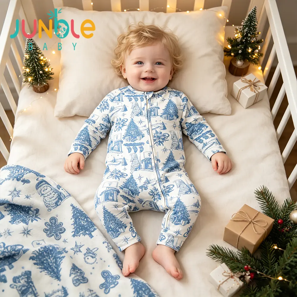 JUNBLEBABY 95% Bamboo Baby Christmas Onesie, Long Sleeve Blue Christmas Tree Print Sleeper with 2-Way Zipper & Convertible Fold Over Feet, baby bamboo pajamas,Breathable Toddler Romper Pajamas for 6-24 Months