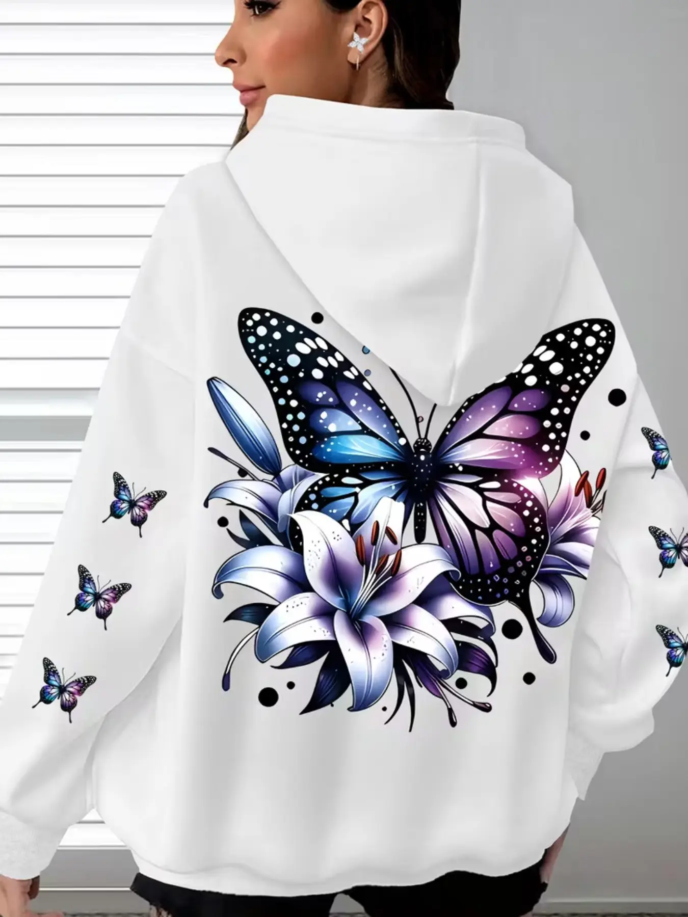 Casual Hooded Sweatshirt, All over Print, Butterfly & Lily Pattern, Loose Fit, Comfortable Fashion, Ideal for Travel & Daily Wear