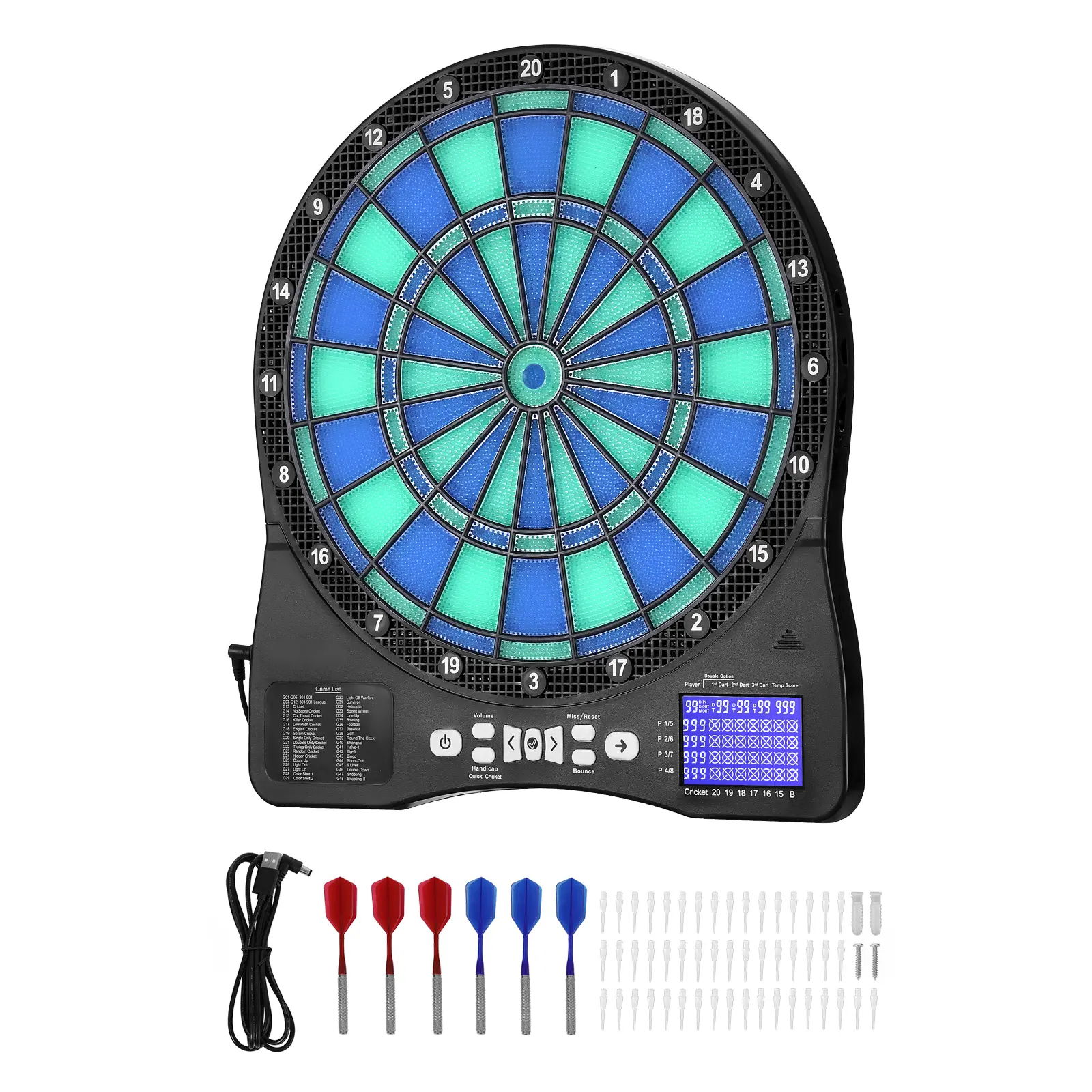 Electronic Dart Board, LED Illuminated Target Dartboard with Games + Variations, 5V / 1A Current, 5V / 1A Voltage, LED-Illuminated Target Dartboard with 48 Games & 500+ Variations