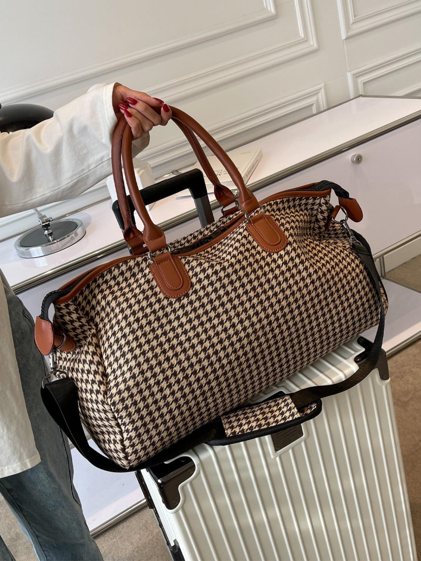 Houndstooth Pattern Travel Bag for Women & Men, Lightweight Large Capacity Zipper Bag, Casual Trendy Versatile High-quality Daily Commuting Bag, Travel Duffle Bag, Travel Duffel Bag, Canvas Travel Bags