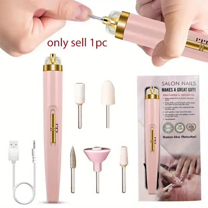 5 in 1 Portable Electric Nail Drill, 1 Box Rechargeable Nail Polisher with LED Light, Professional Manicure & Pedicure Tool for Home & Salon Use, Cuticle Pusher, Wireless Nail Drill
