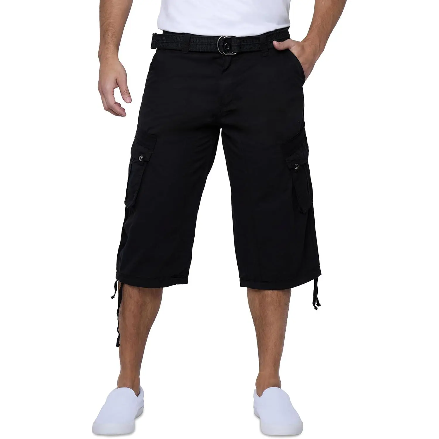 Men's Solid Cargo Shorts, Belted 3/4 Below Knee Length with Multiple Pockets for Big and Tall Men, Pocket, Belt, Cargo Pockets