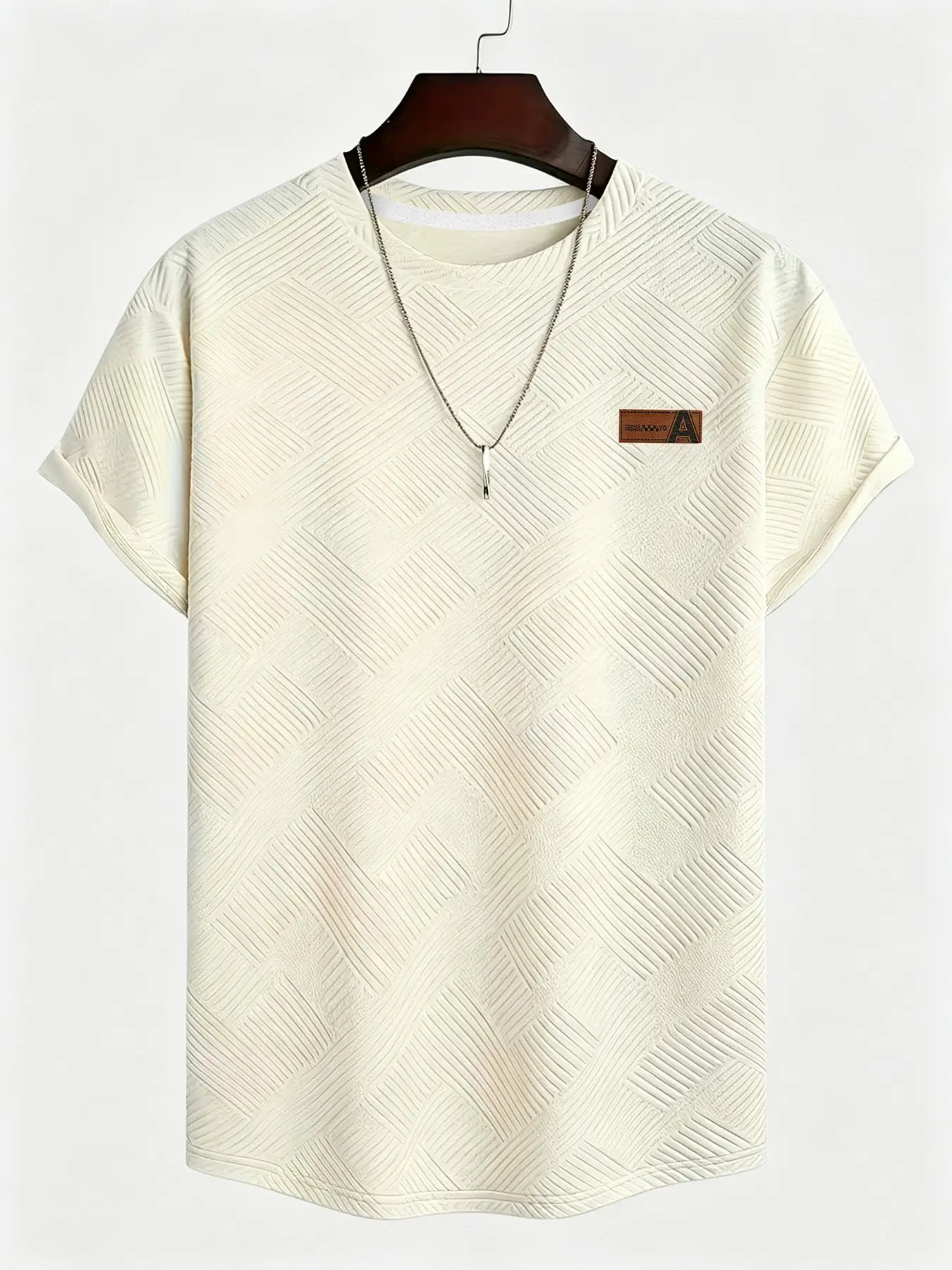 Viral TikTok Men's Summer Solid Color Textured Jacquard Basic T-Shirt, Leather Logo Patch, Casual Outdoor Short Sleeve, Daily Round Neck Top