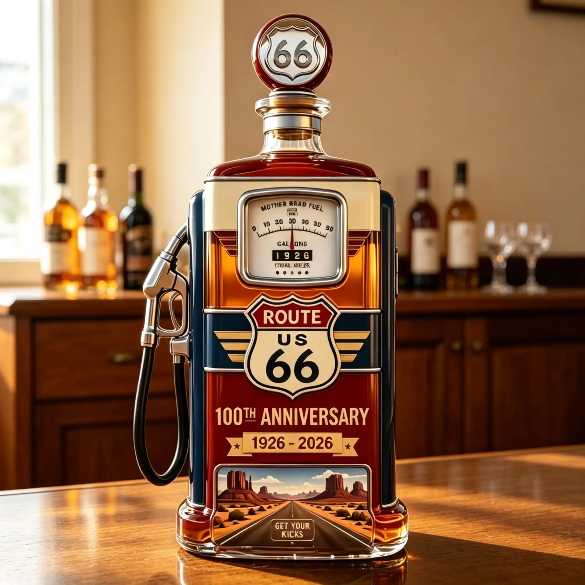 Novelty Vintage Gas Pump Glass Wine Decanter, Retro Western American Highway Decor Liquor Bottle, Wine Bottle Ornament, Unique Man‑Cave Bar Centerpiece for Party Display & Gifting.