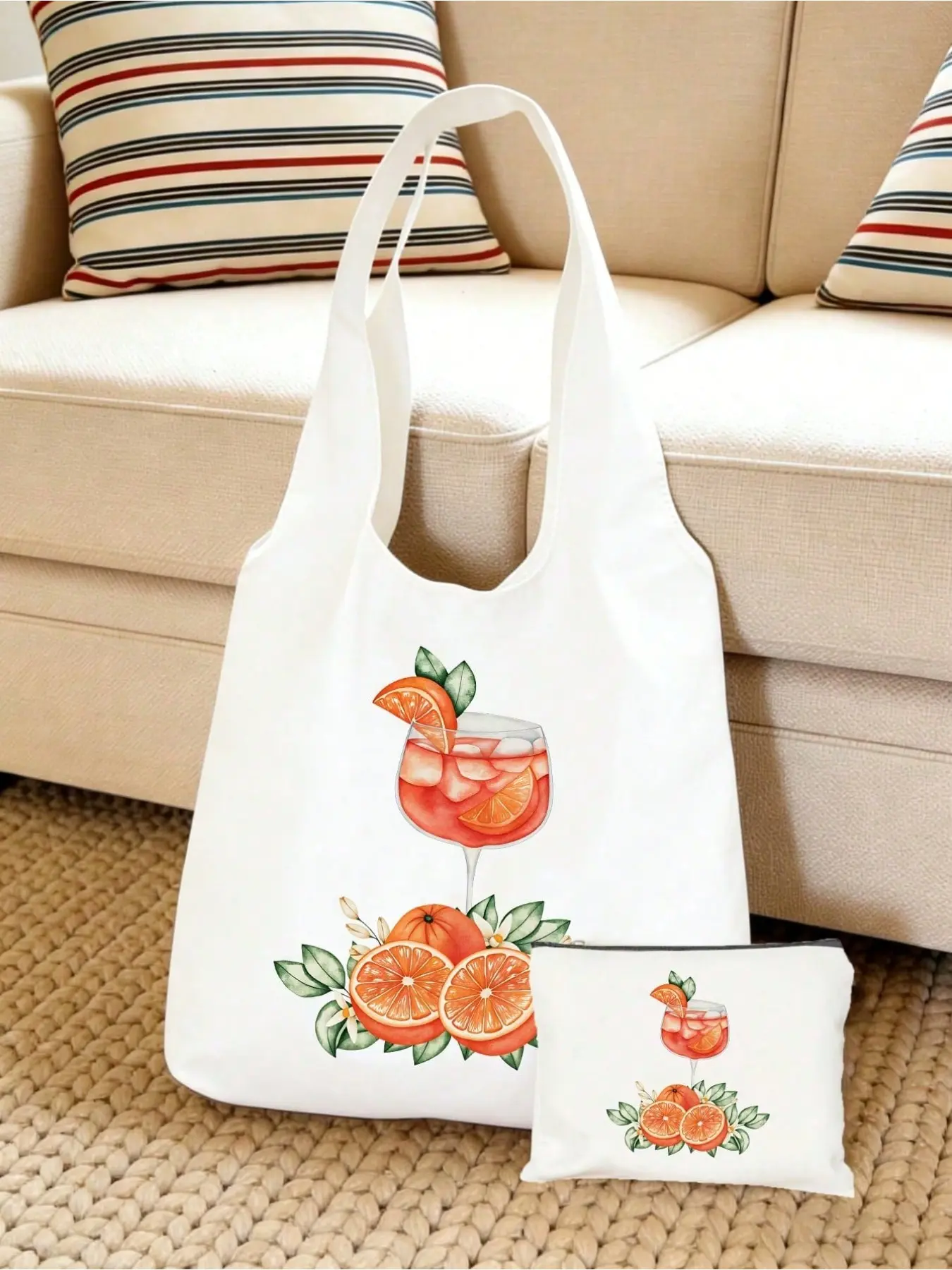 Juice Pattern Shoulder Bag and Makeup Pouch Set, Reusable Canvas Bridesmaid Party Gift Bag, Large Capacity, Perfect for Work and Home Use