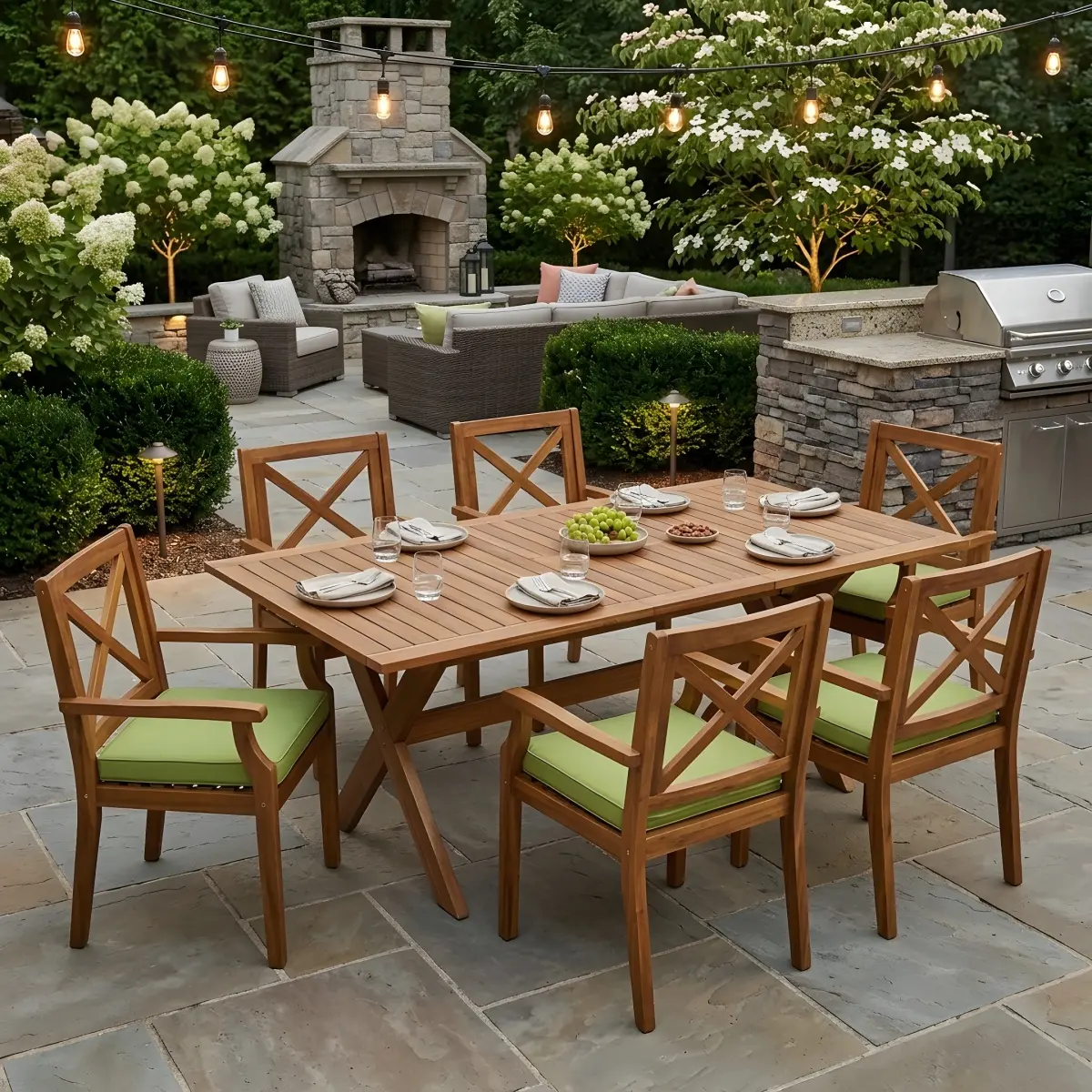 Aobtkel Christopher Knight Home® 7-Piece Acacia Wood Outdoor Dining Set with Green Cushions, Modern 6 Chairs & 1 Rectangular Slats Extendable Dining Table, Furniture for Lawn, Backyard