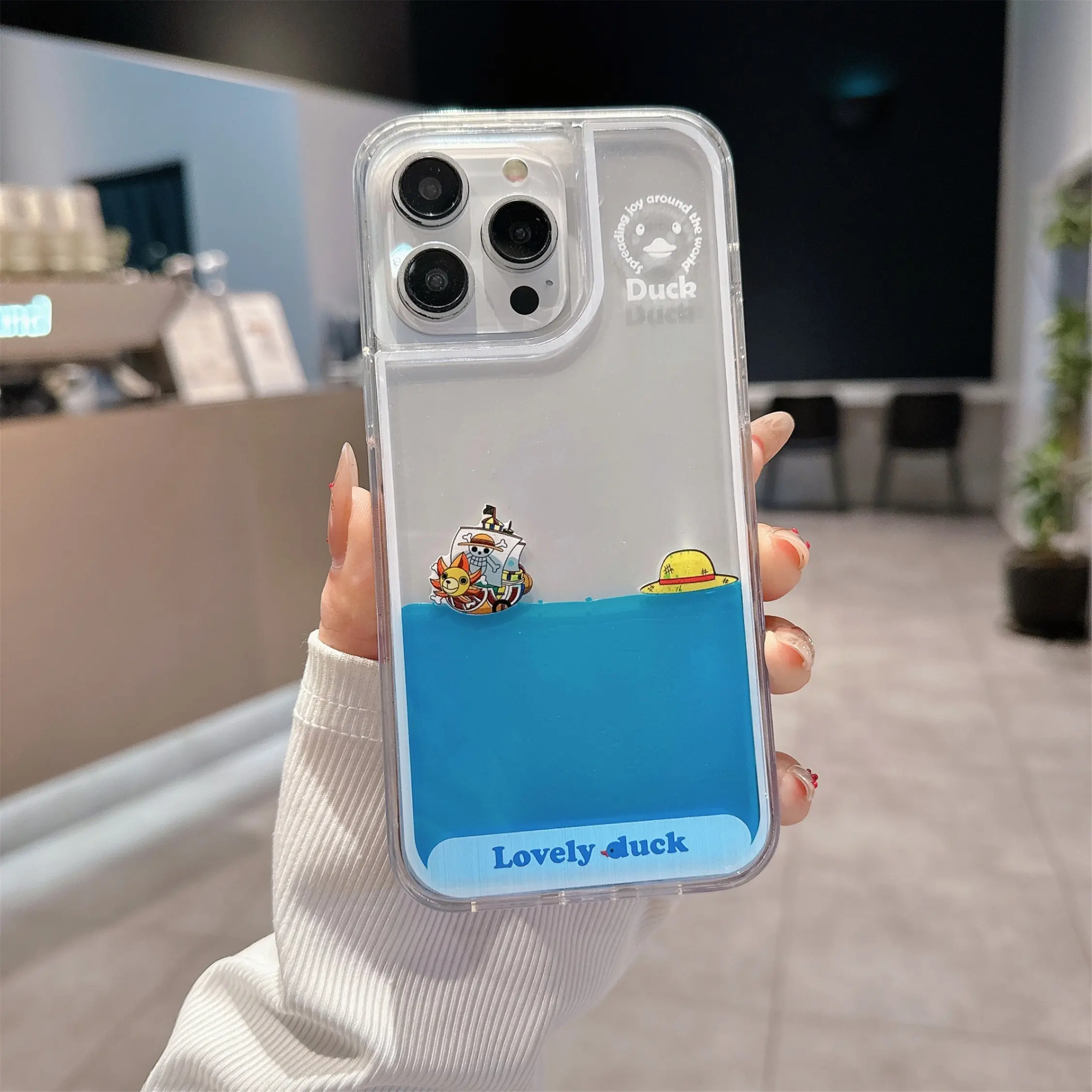 Creative Cartoon Straw Hat Pirate Ship iPhone Case, New Transparent Liquid Flow Design, Shockproof Full Protection for iPhone 16 Pro Max, 17, 15 Pro, 12 Pro, 14, 13 Pro