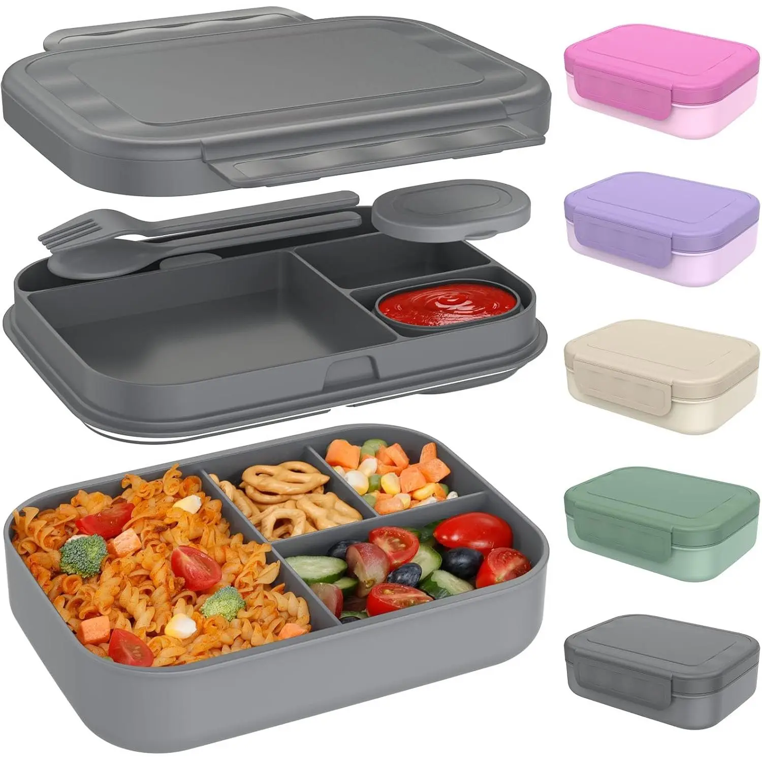 4-Compartment Rectangular Stackable Bento Lunch Box for Adults - Reinforced Leakproof Seal, PP Plastic, BPA-Free, 47oz, with Utensils & Sauce Container, Dishwasher/Microwave Safe (Dark Gray)