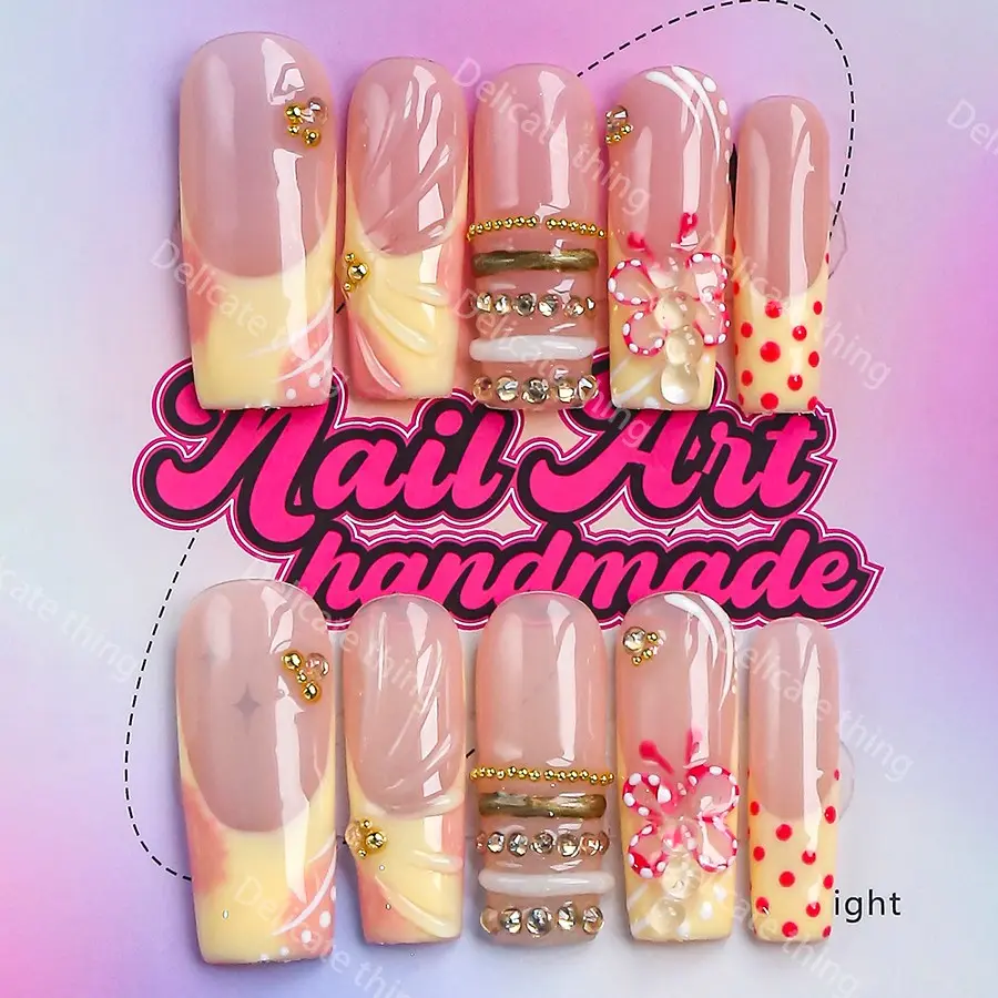 3.0 Length Coffin Nails, 10pcs Y2K Style Press-On Nails, Handmade, XS-S-M-L Sizes, Perfect for Parties, Includes Jelly Glue, Crystal Stick, File, Fake Nails