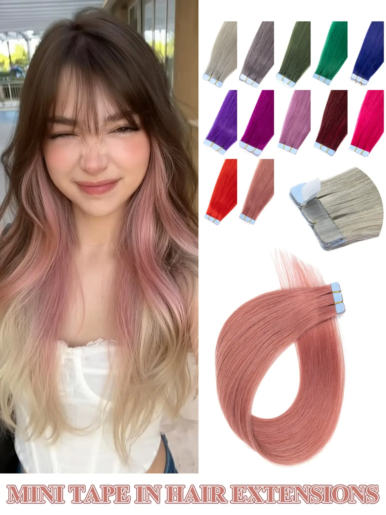 Mini Tape In Human Hair Extensions,12-20inch,Light Pink Color,Straight Natural Look,Silky Smooth,Invisible Seamless,Thick Ends Healthy,Easy Apply Hair Extensions for Add Volume & Length,ecure Fit Tape,Naturallooking Hairpiece,Salonquality Extensions