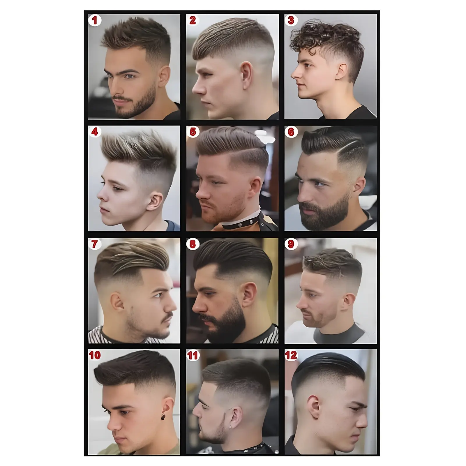 Men's Artistic Haircut Poster - 12 Hairstyle Guides (Pompadour, Neat Back Comb, Fade) - Male Grooming Reference, Barber Shop-Home Decor, Ideal Gift, Multiple Sizes Available