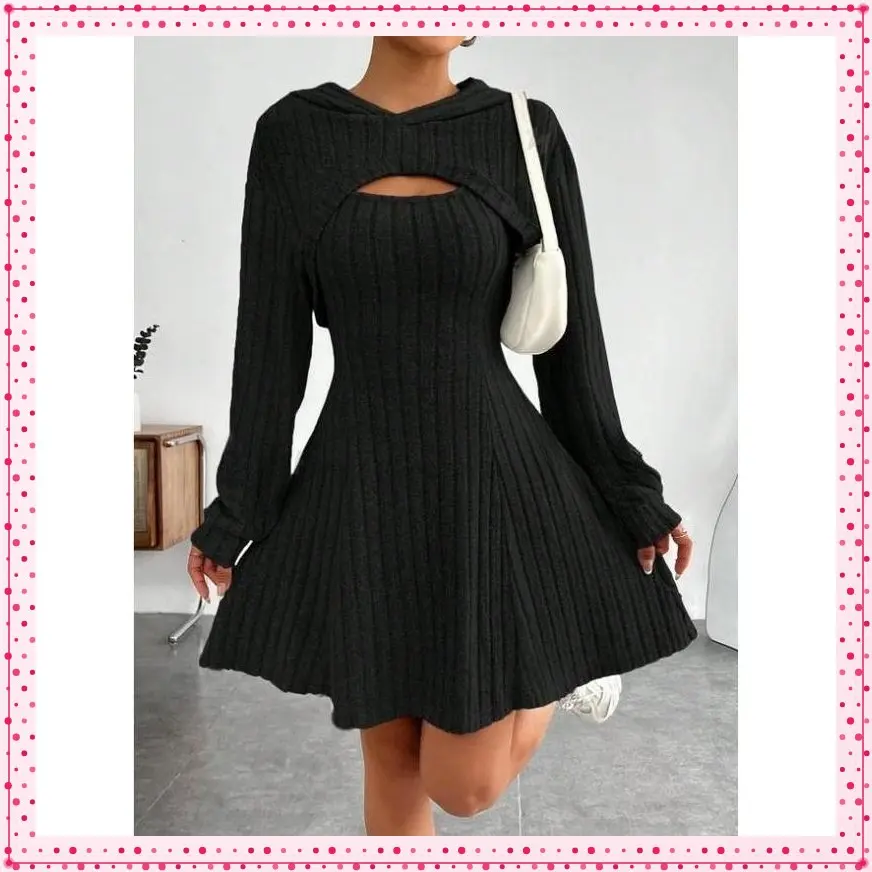 Solid Color Ribbed Dress Set for Women - Long Sleeve Hoodie, Shrug Top & Sleeveless A-line Tank Dress, Casual Elegant Black Chic Outfits - Comfort Womenswear Summer