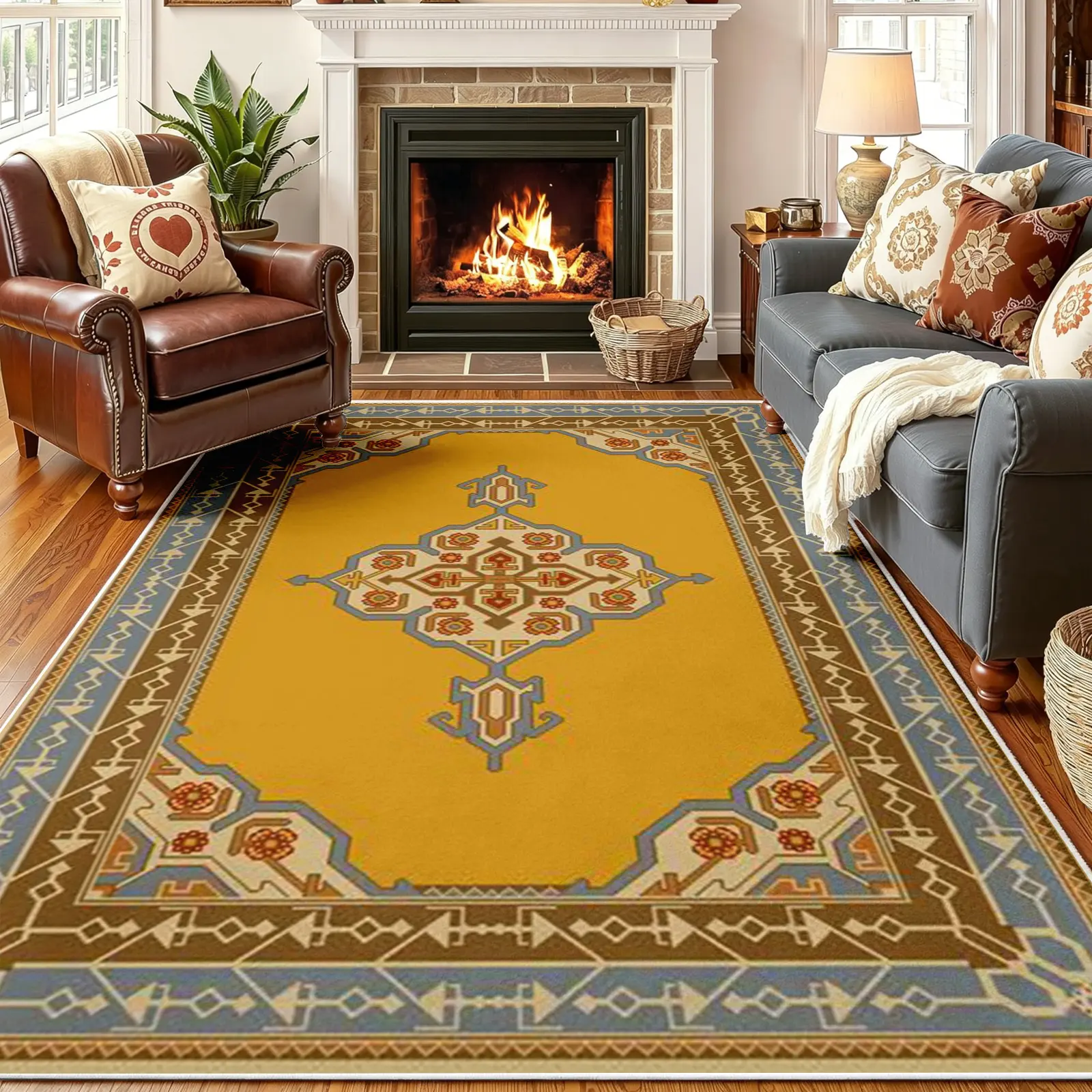 Vintage Geometric Area Rug, Mustard Yellow Base with Blue & Brick Red Medallion Motif, Non-Slip Washable Carpet, Soft Durable Floor Mat, Aesthetic Rugs for Living Room Bedroom Home Decor, 8 x 10 ft Area Rugs
