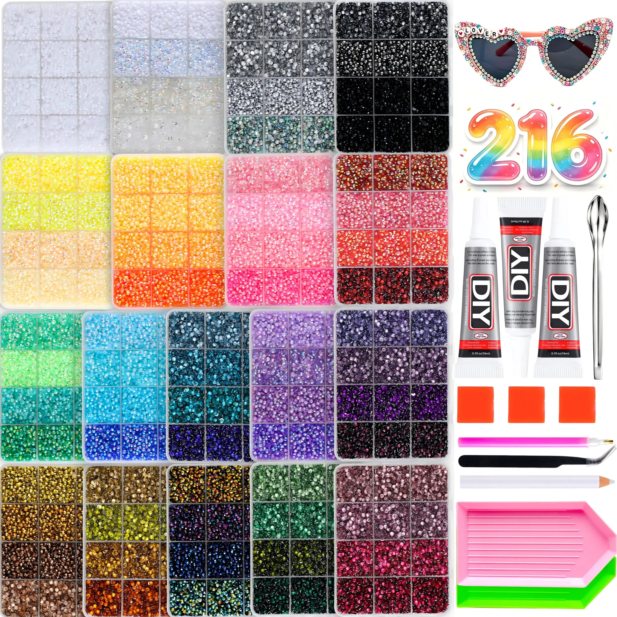 1Set Novelty Virbant Colors Dazzling AB Resin Nail Rhinestones for Bedazzled Kit-3/4/5mm Flatback Semi-circle 216 Colors Innovative Colored Scheme Crystal Gems with Tools DIY Book Cover Shoe Gift Decor