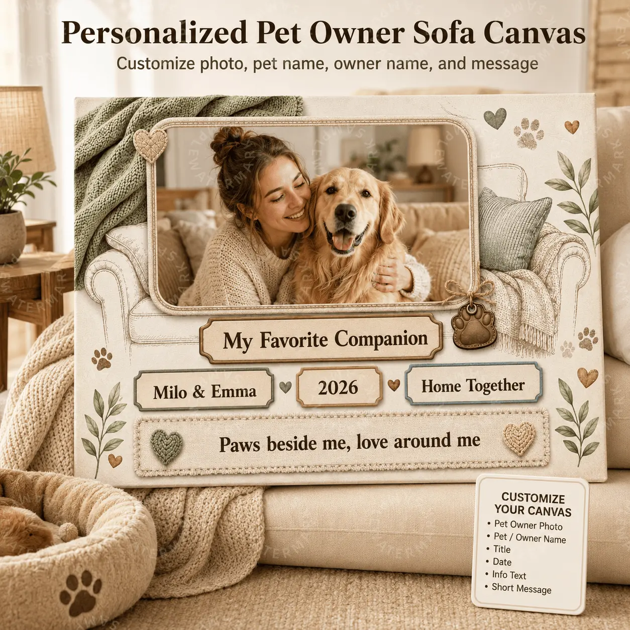 Personalized Pet Owner Sofa Canvas, Custom Pet Photo Owner Name Date Message Wall Art, Cozy Paw Print Pet Lover Gift, Dog Cat Keepsake, Aesthetic Poster, Bedroom Living Room Office Decor