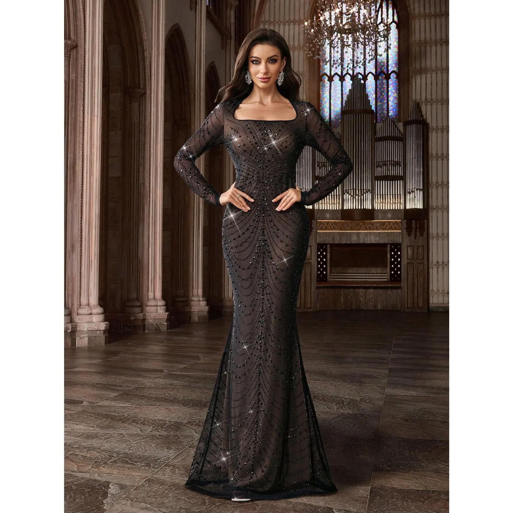 Women's Slim Fit Square Neck Long Sleeve Gradient Dot Rhinestone Mesh Gown - Skin-Toned Lining Floor-Length Mermaid Formal Dress, Mesh Fabric, Hand Wash for Indoor Dinner Shoot