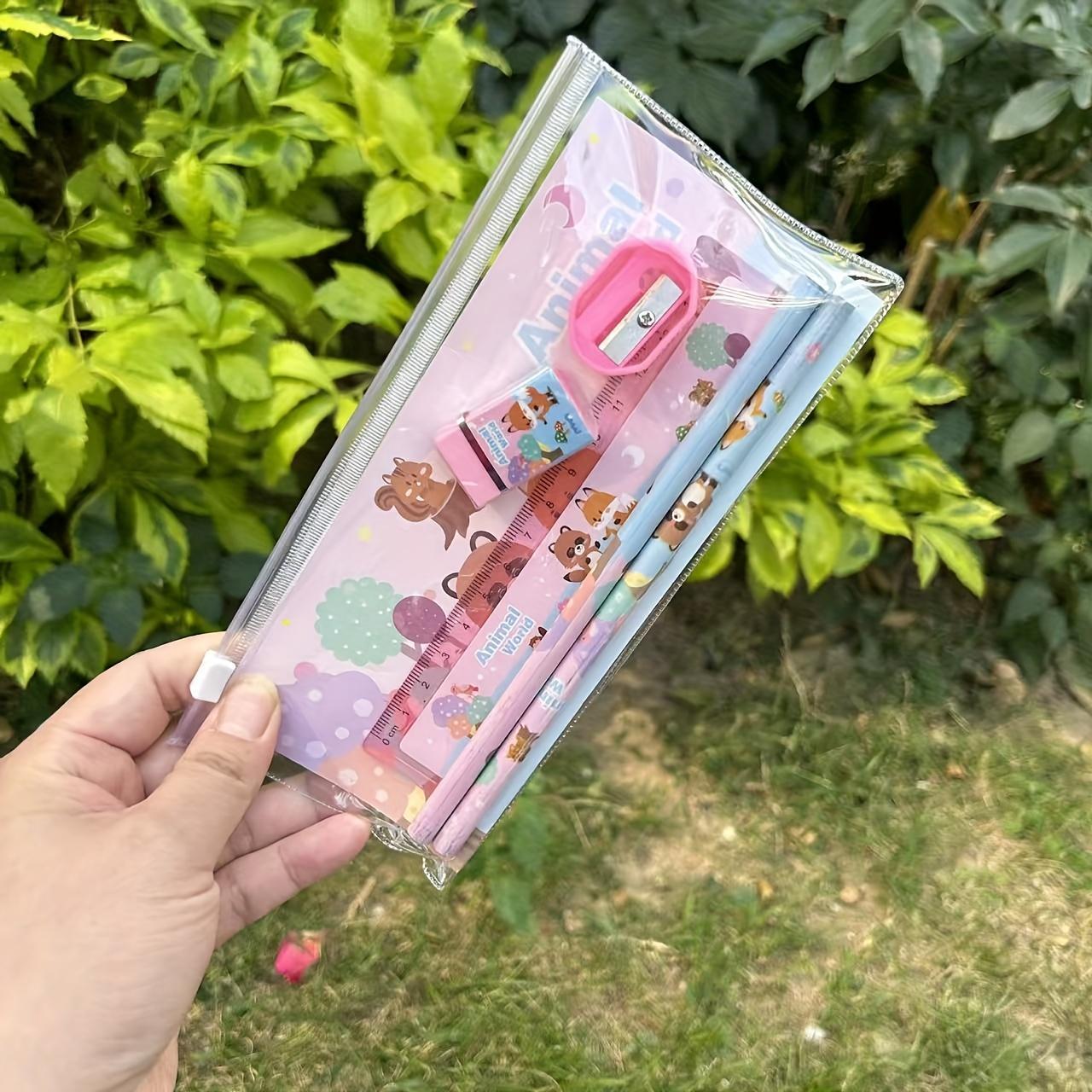 5-piece cute animal themed stationery set, 2 pencils, 1 eraser, 1 pencil sharpener, 1 ruler, portable gift box, suitable for school and graduation, school supplies | joyful design | durable plastic box, school supply set