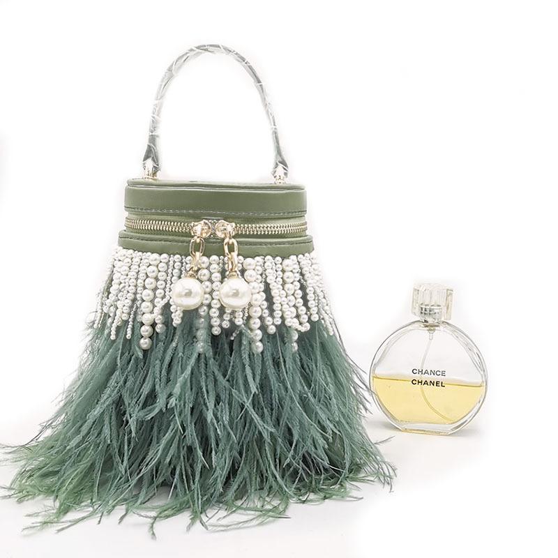 2026 Fashionable Light Luxury Pearl Tassel Feather Bag Round Barrel Single Shoulder Handbag Crossbody Bag