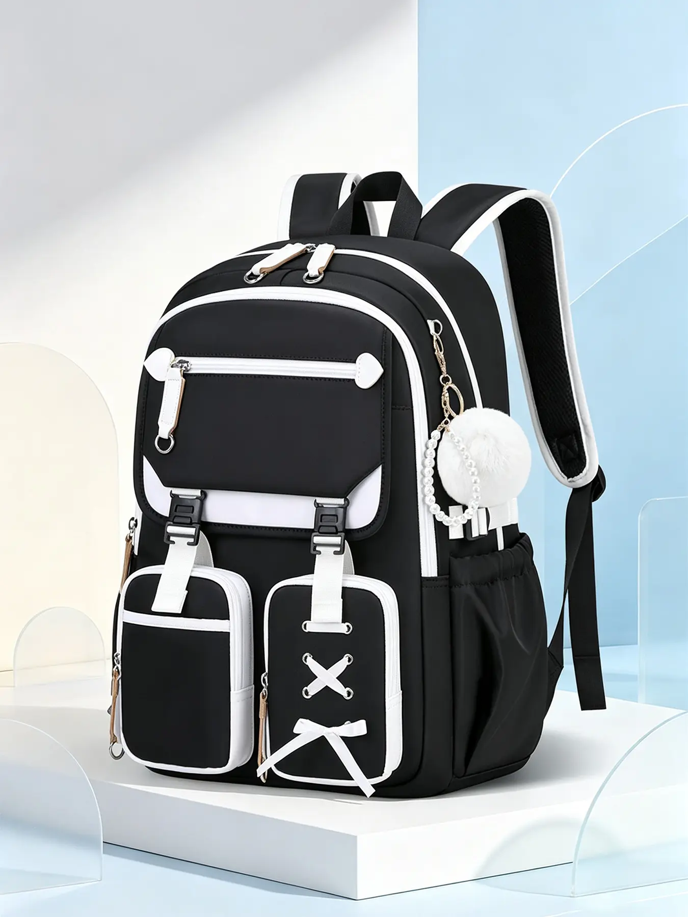 1Pc Black White Color Block Backpack Lace Bow Decor Fluffy Pom Pom Pendant Mesh Padded Shoulder Straps Multi-layer Zip Storage Side Mesh Bottle Slots for Campus Study Weekend Trips Daily Casual Outings